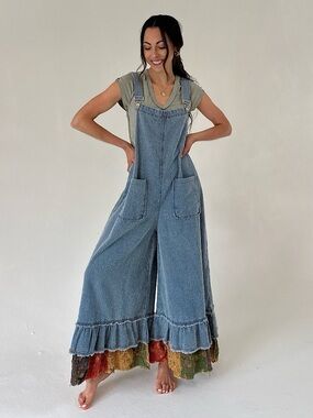 POL Womens Blue Denim Overalls with Patchwork Hem